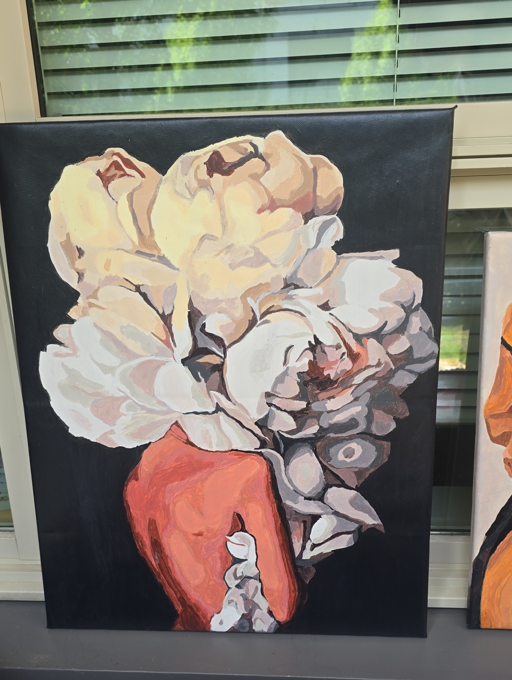 Acrylic Canvas Painting, Floral Woman Black and White